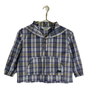 LL Bean Kids XXS Cotton Pullover Hoodie Plaid Purple White Tan